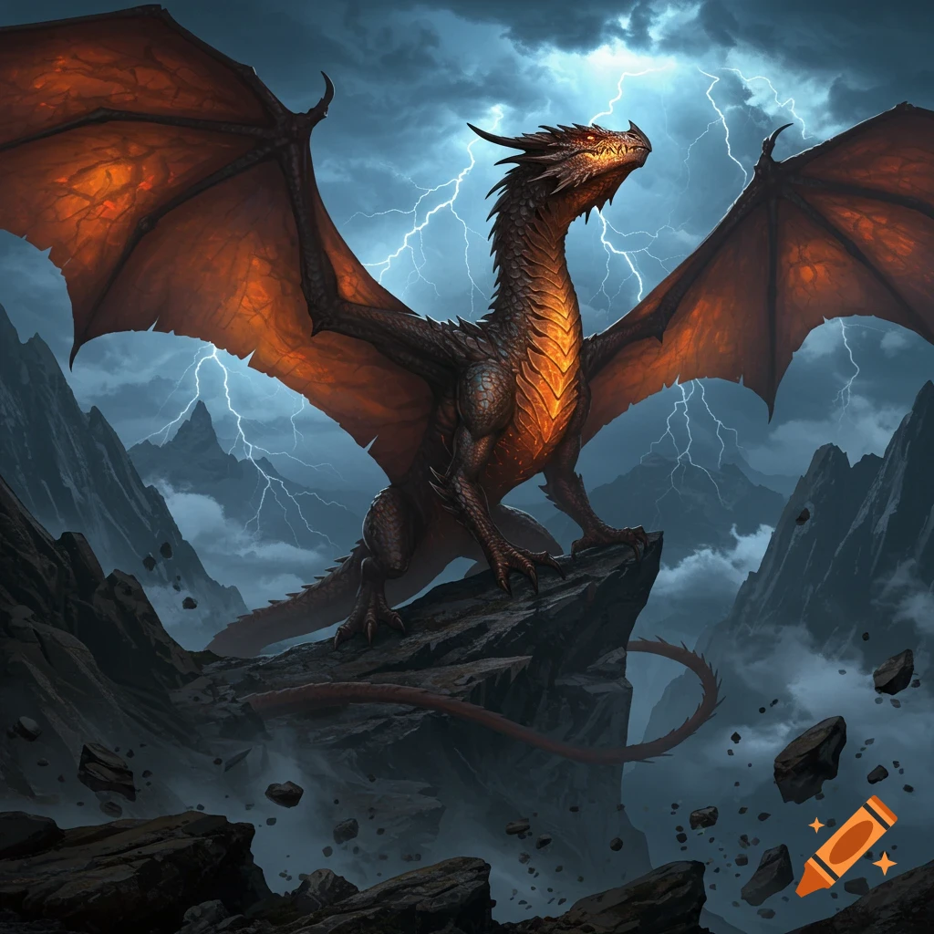 A powerful dragon with glowing orange scales and spread wings stands on a jagged mountain peak during a lightning storm.
