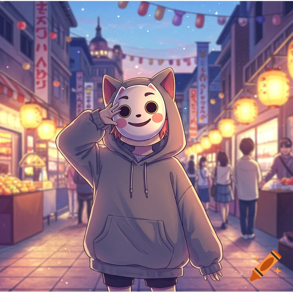 An anime-style character in a grey cat-eared hoodie and a white cat mask poses in a bustling market street at dusk.