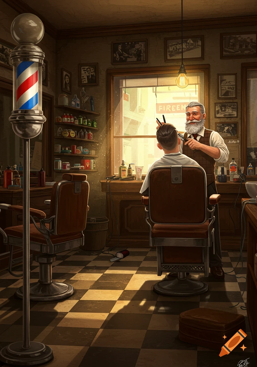 An illustration of a classic barber shop with a barber cutting a client's hair by a sunlit window.
