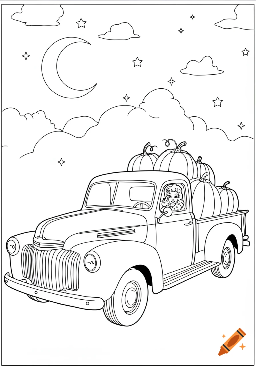 Black and white coloring page of a vintage pickup truck filled with pumpkins, driven by a woman under a crescent moon and stars.