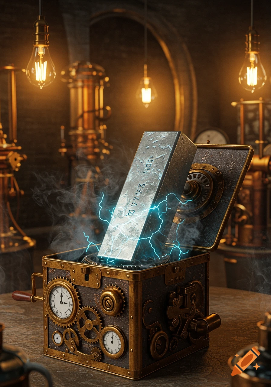 A steampunk-style ornate metal box with gears and clocks, partially open, revealing a glowing metal bar emanating blue electricity and smoke in a dimly lit workshop.