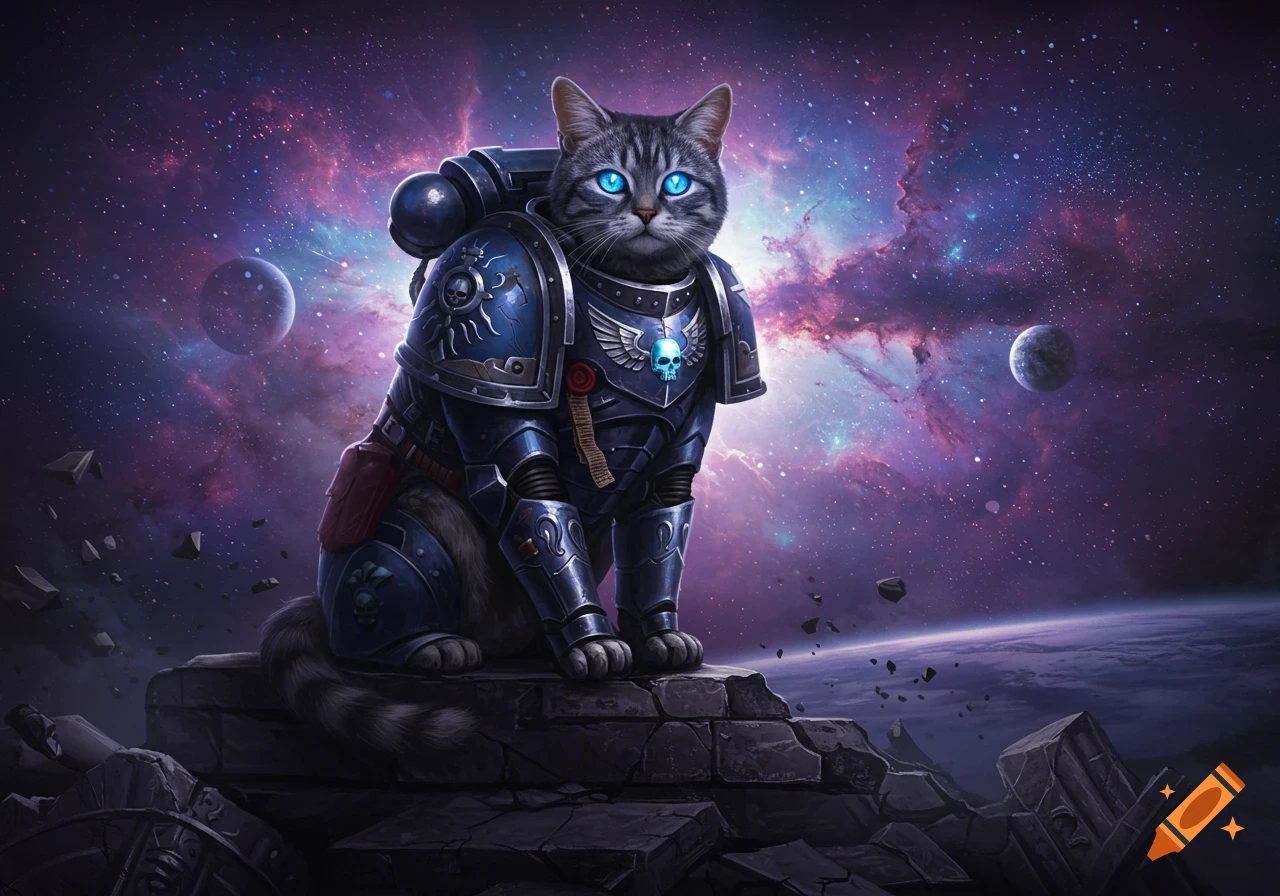 A majestic tabby cat with glowing blue eyes wears blue Space Marine armor, sitting on ruins against a cosmic nebula and planets.