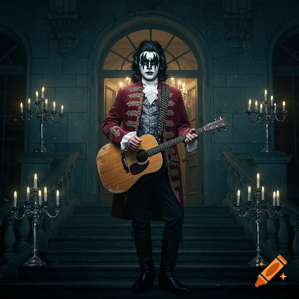 Person in KISS face paint and red aristocratic coat holds an acoustic guitar at a dark gothic mansion entrance with candelabras.