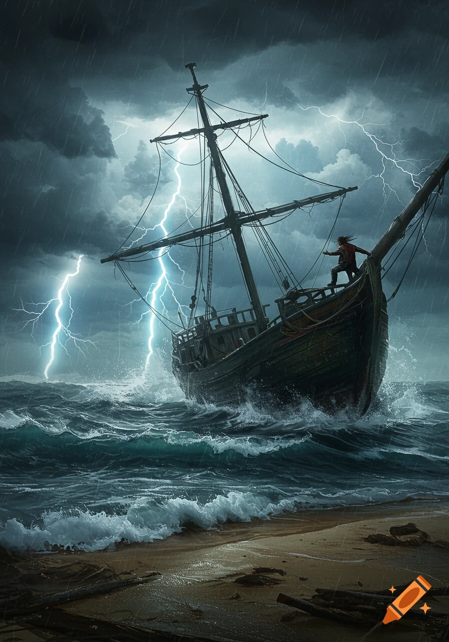 A ship flounders in a stormy sea with lightning, rain, and a lone survivor on the bow, near a sandy beach.