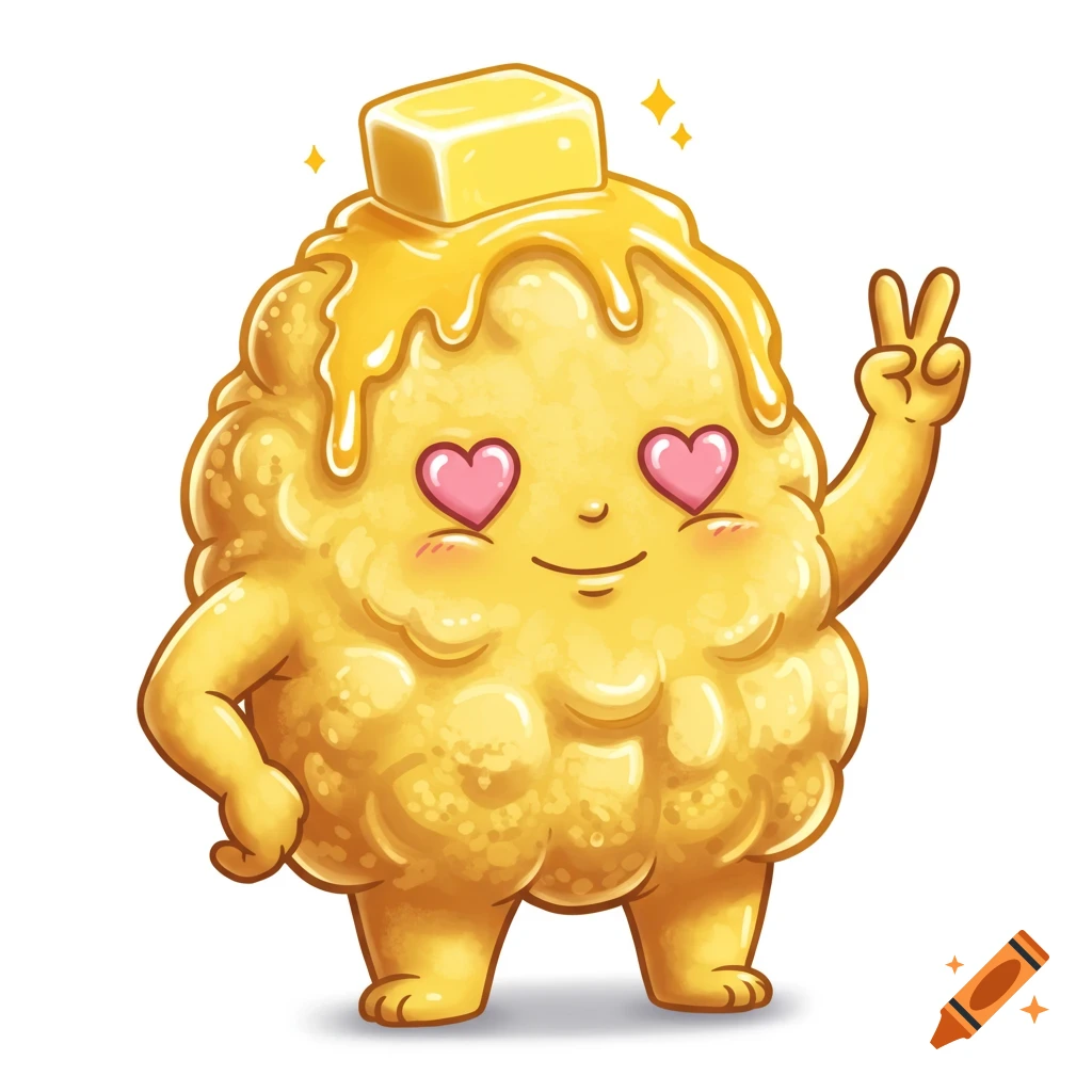 A goofy cartoon popcorn puff character with melted butter, heart eyes, a grin, giving a peace sign, and a tiny butter crown.