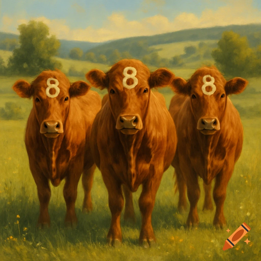 Three brown cows, each with a white number 8 on their forehead, stand in a green grassy field.