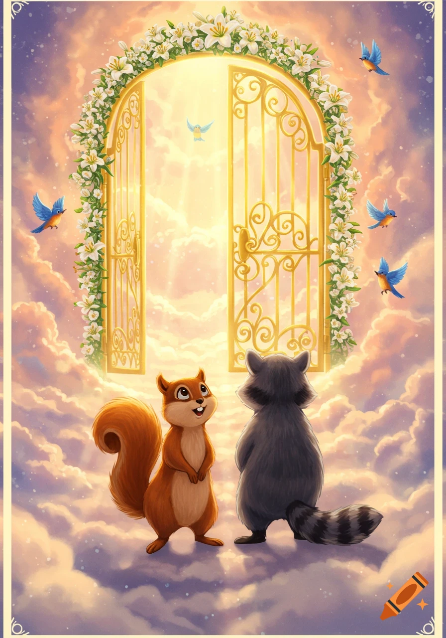 A cartoon squirrel and raccoon stand on clouds, looking at golden gates adorned with white lilies, opening to a bright light. Blue birds fly around.