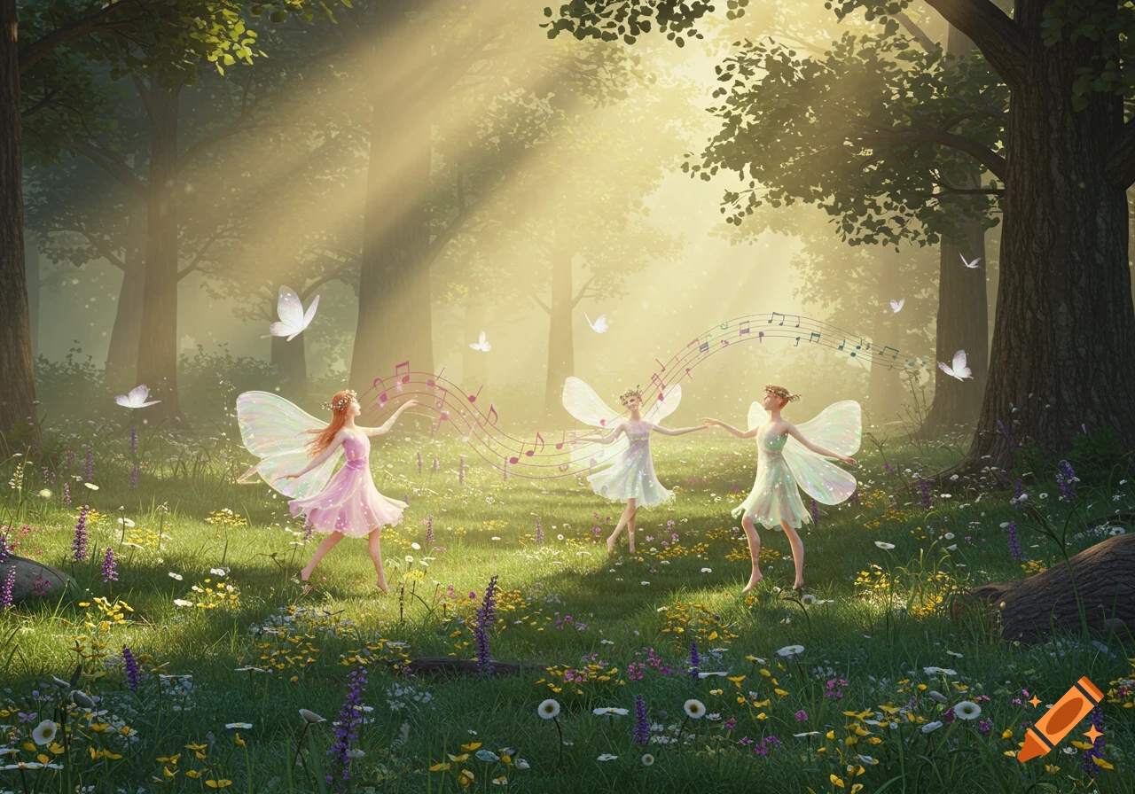 Three fairies with iridescent wings dance and sing with musical notes in a sunlit forest filled with wildflowers and butterflies.
