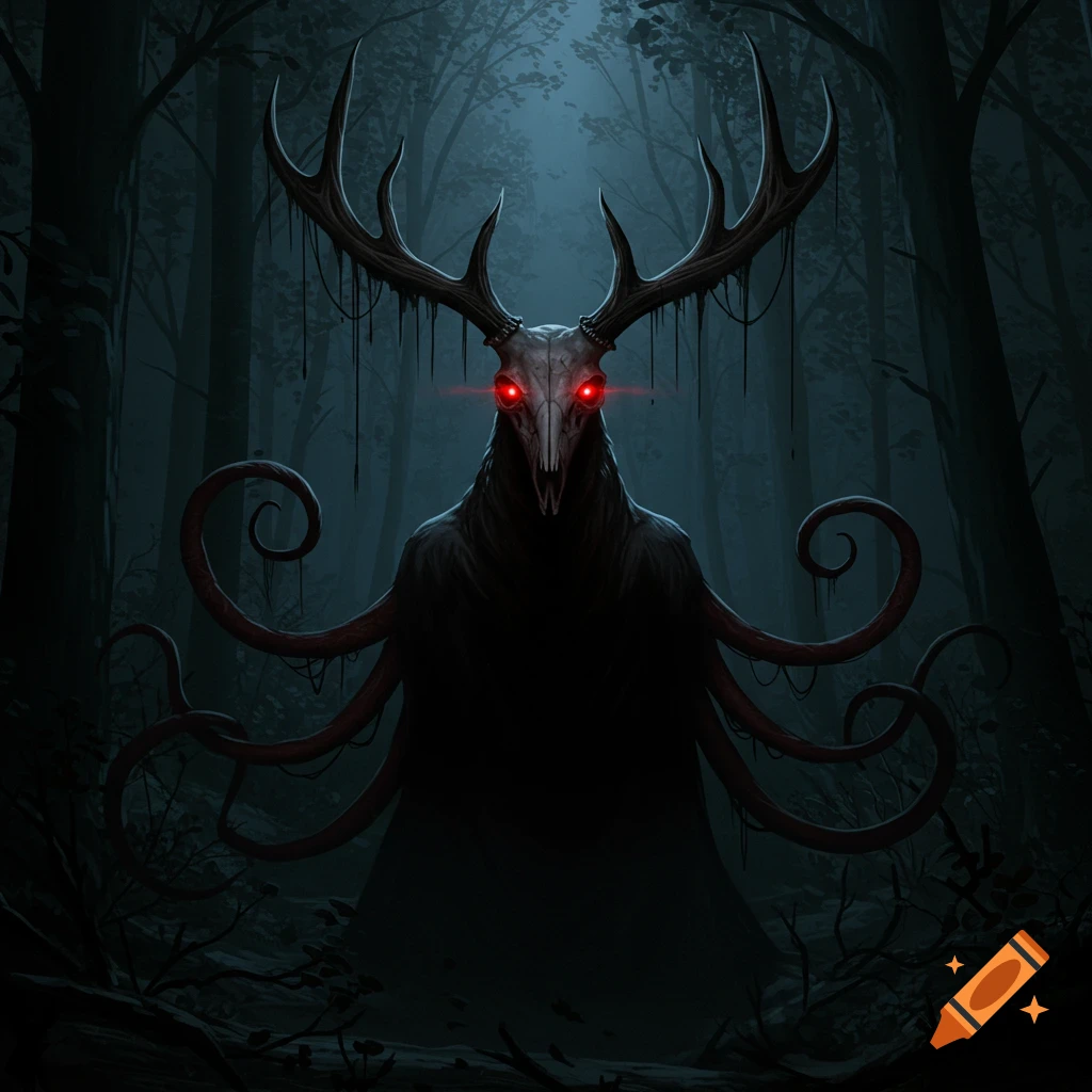 An eerie, dark illustration of a monster with a skull head, large antlers, glowing red eyes, and tentacle arms in a dark forest.