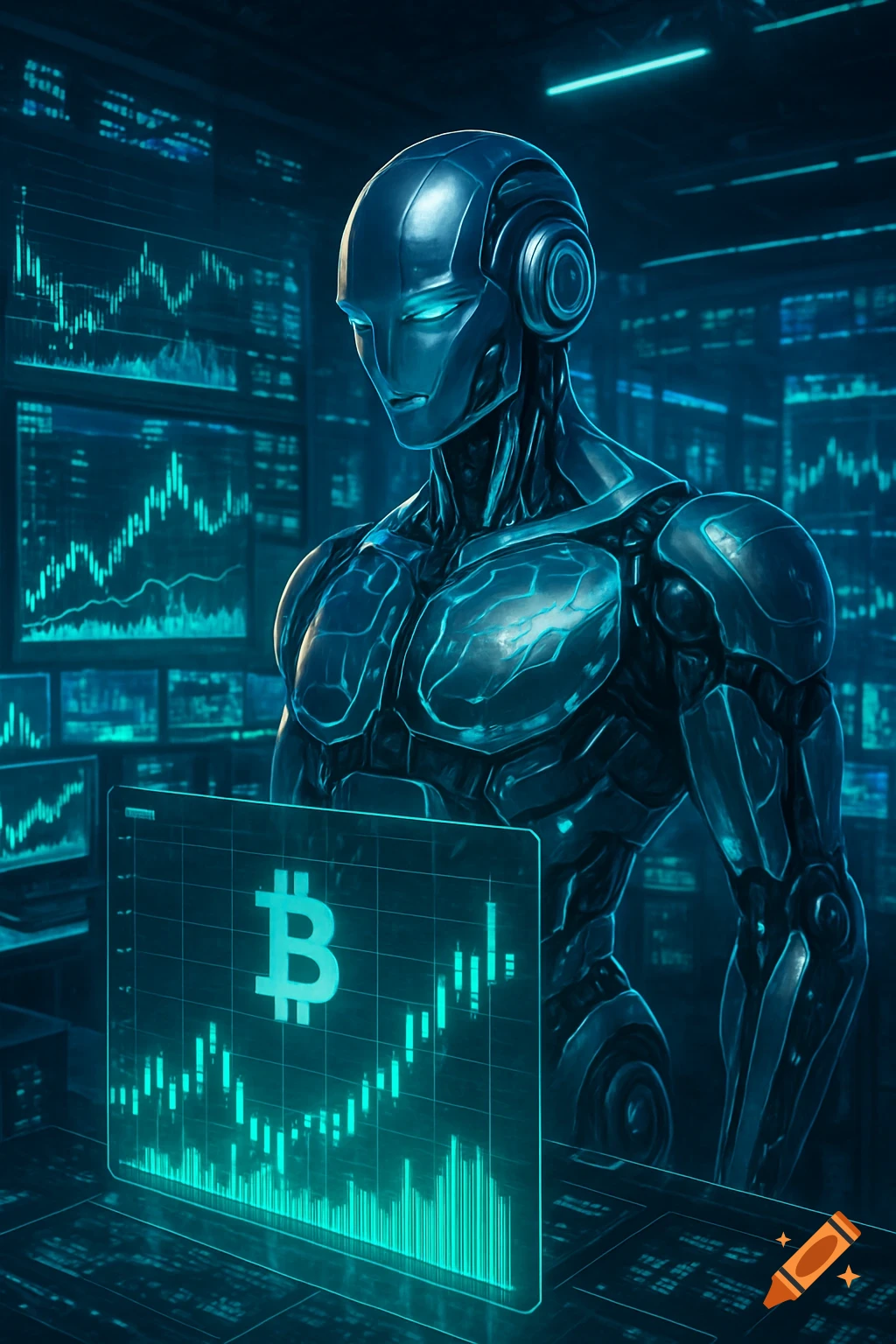 A futuristic robot with glowing blue eyes monitors transparent screens displaying cryptocurrency charts and the Bitcoin symbol.
