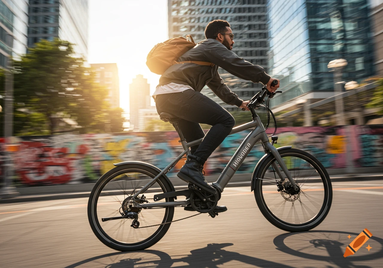 Man riding a grey e-bike down a city street with motion blur and sun glare.