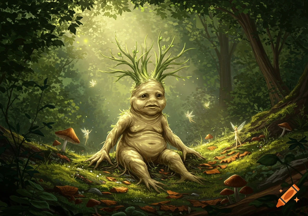 A gnarled, root-like mandrake creature with green leaves for hair sits in a sunlit, magical forest with tiny fairies.