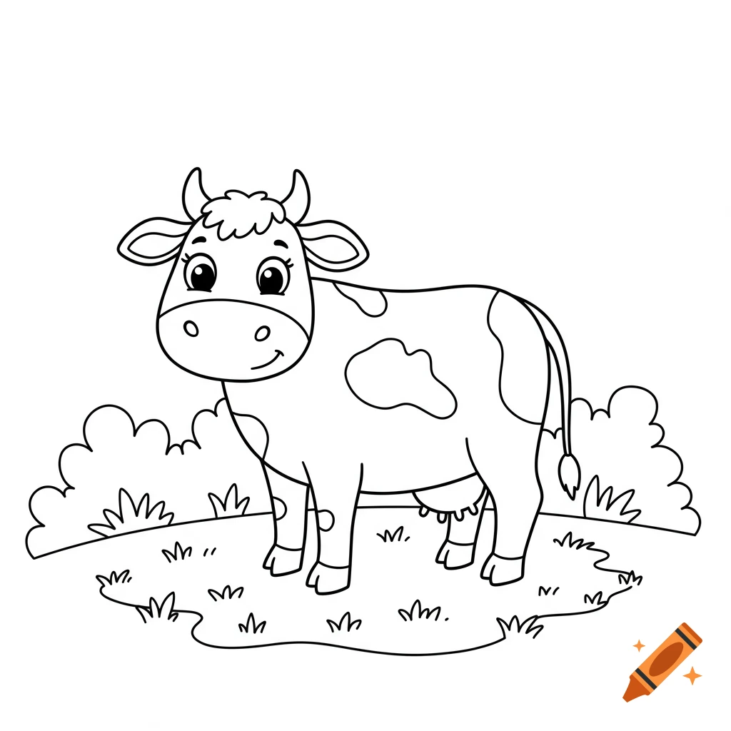 Black and white cartoon coloring page of a smiling cow with spots, standing in grass.