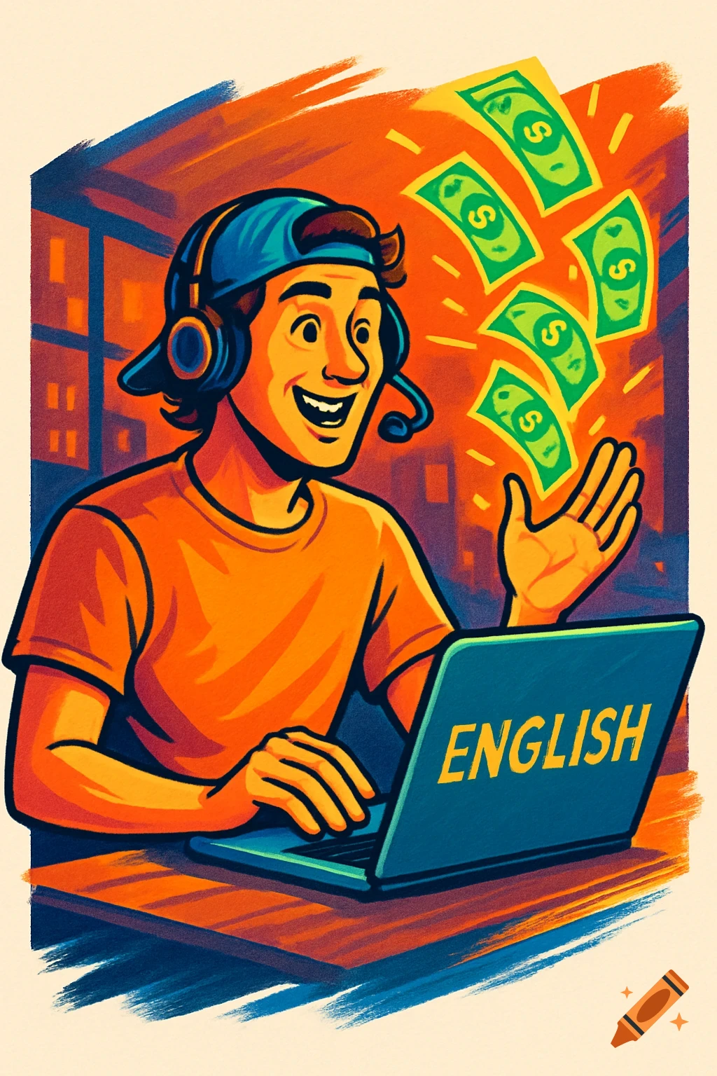 Cartoon illustration of a smiling man with a headset at a laptop, with money flying into his hand. The laptop screen says "ENGLISH".