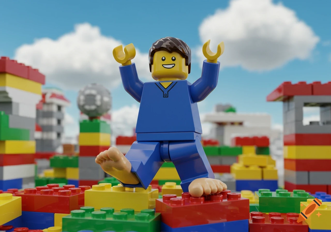 A Lego minifigure with realistic toes stands triumphantly on a colorful pile of Lego bricks under a blue sky with white clouds.