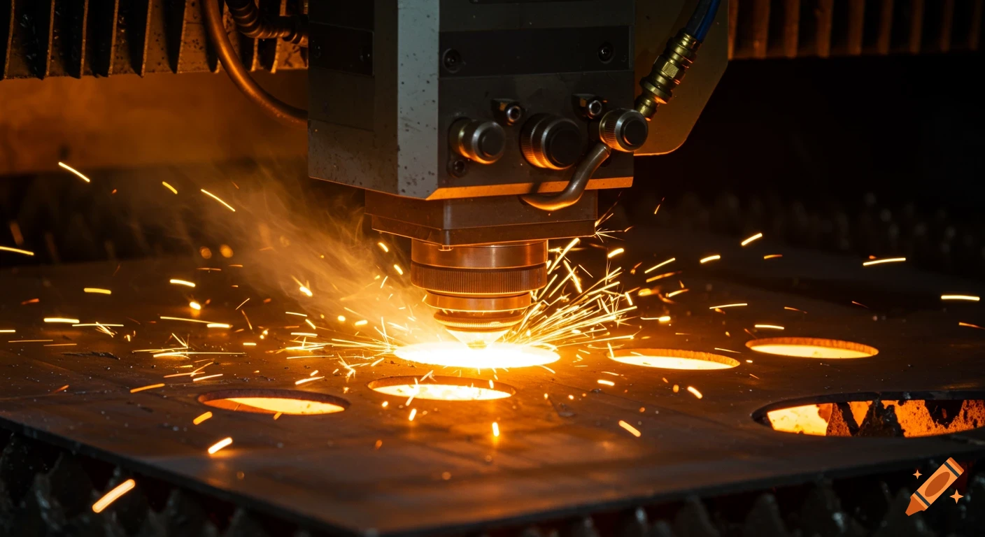 Close-up of an industrial laser cutting machine creating sparks while cutting through a metal sheet with precision holes.