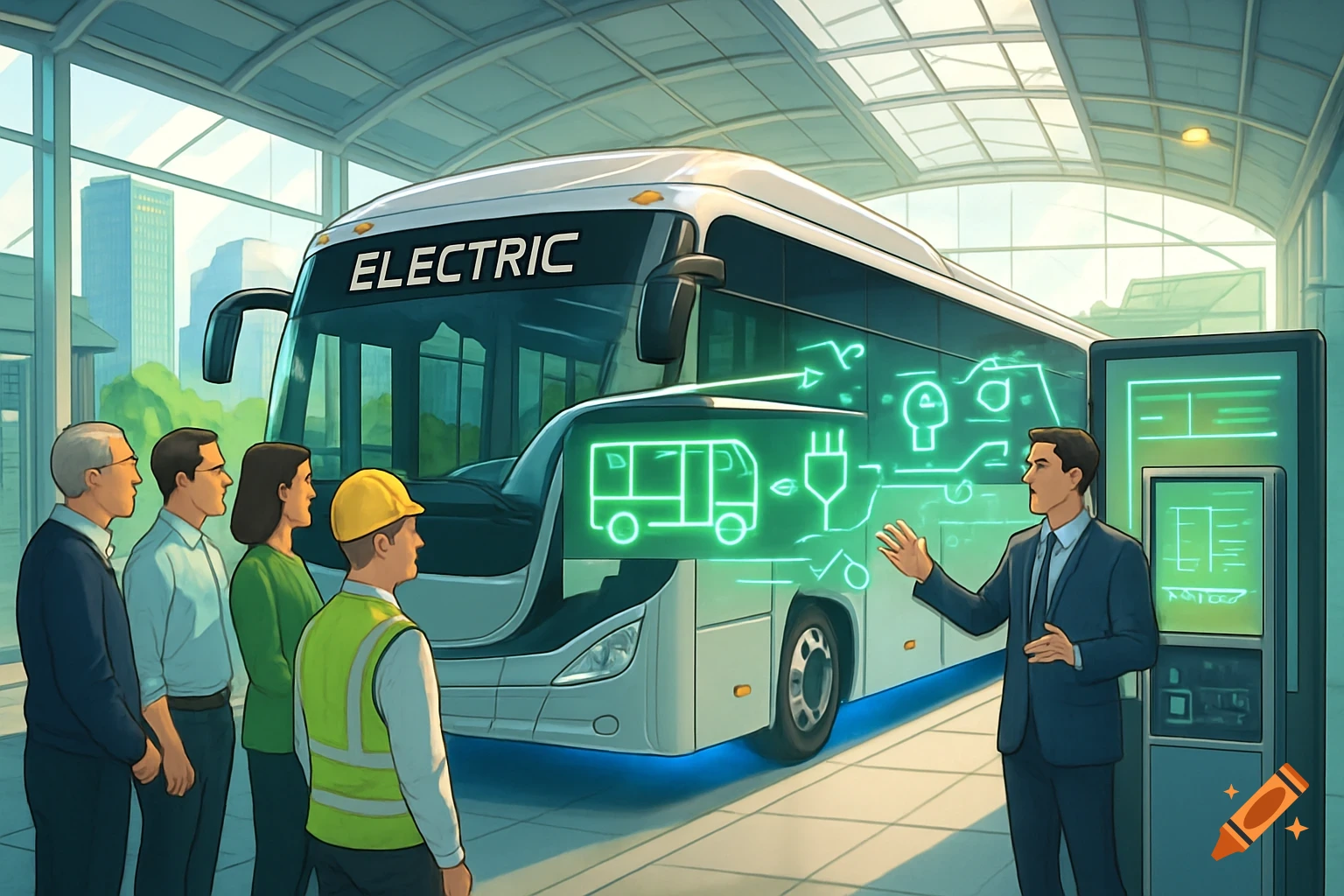Digital illustration of a man in a suit presenting an electric bus with holographic diagrams to a group of people.