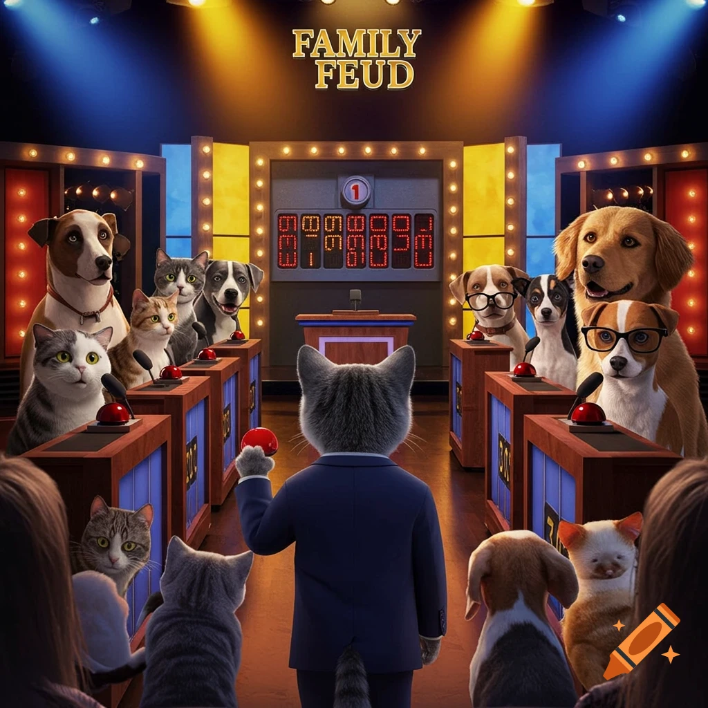 Photorealistic image of a cat in a suit hosting "Family Feud" with teams of cats and dogs as contestants on a brightly lit game show set.