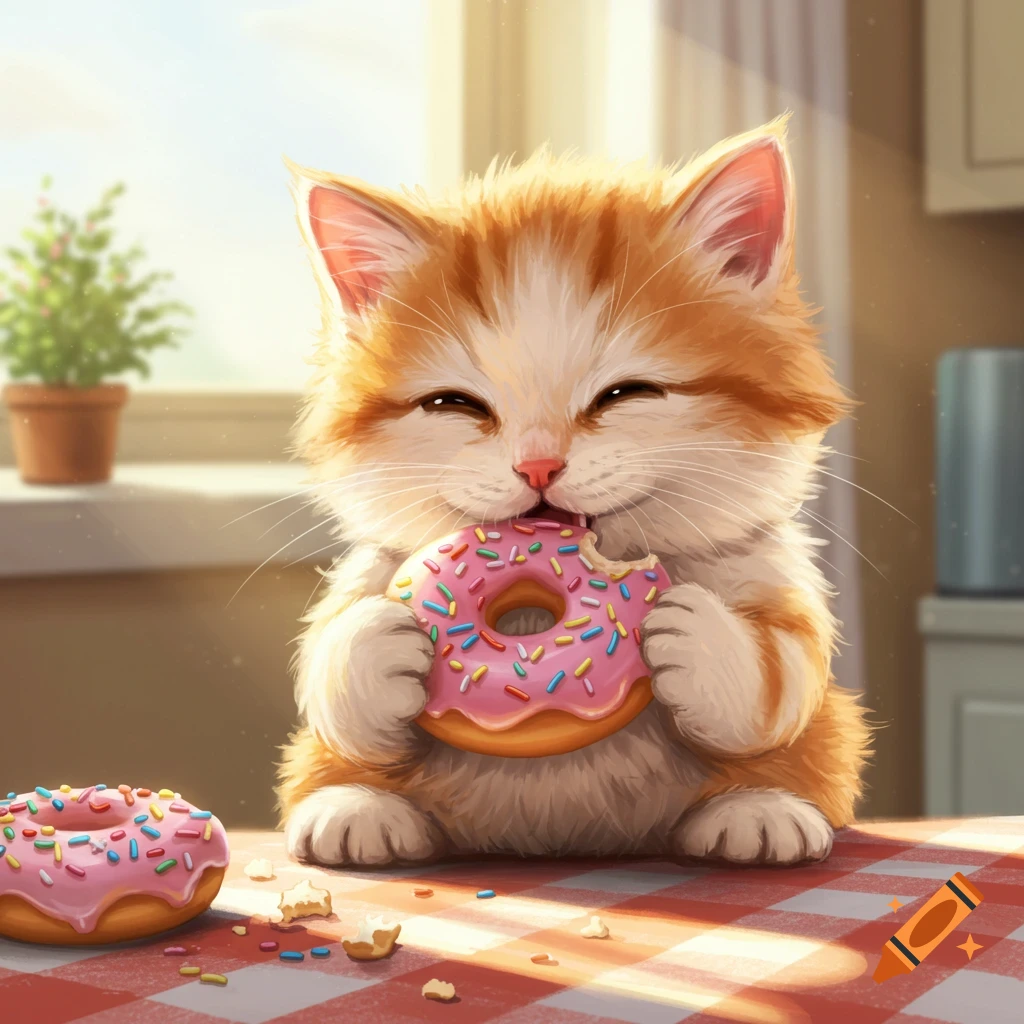 A cute orange and white kitten happily eating a pink frosted donut with sprinkles on a checkered tablecloth.