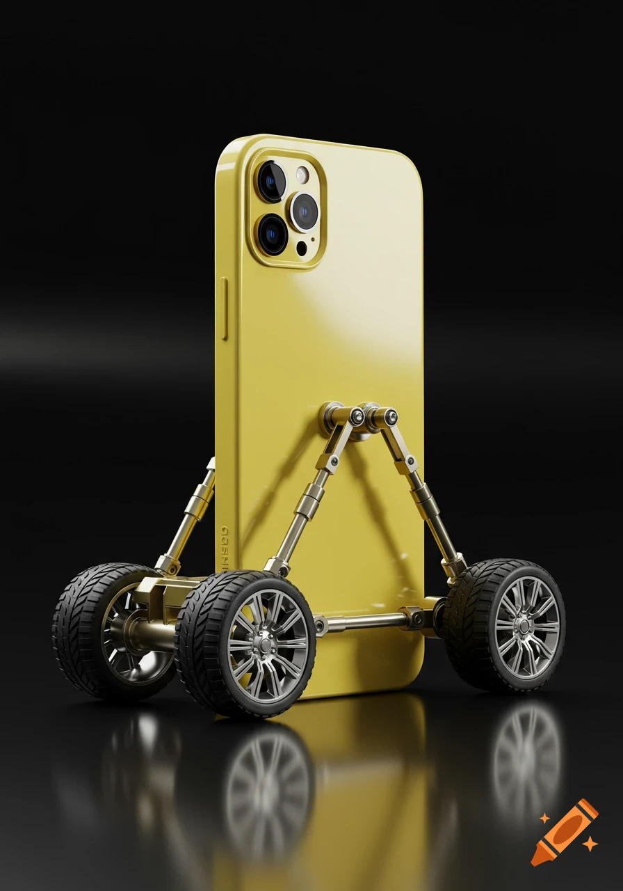 A yellow iPhone 14 Pro in a case with two axles and four wheels attached, resembling a small vehicle, on a reflective black surface.