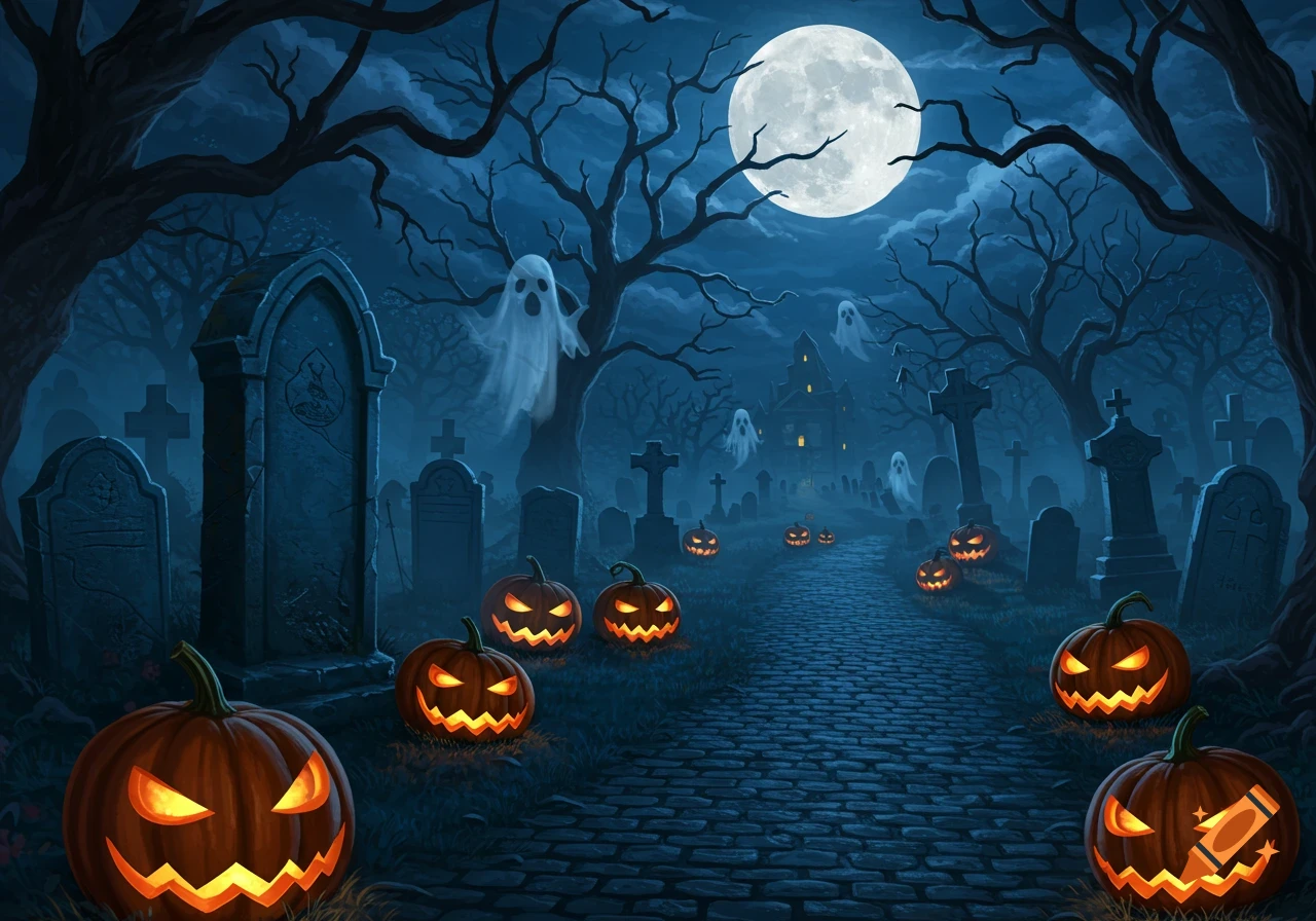 Spooky Halloween graveyard illustration with a full moon, bare trees, glowing jack-o'-lanterns, and ghosts among tombstones.