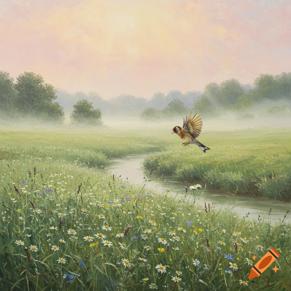 Impressionistic painting: a goldfinch flies low over a misty wildflower meadow with a stream, trees, and a pink-hued sky.
