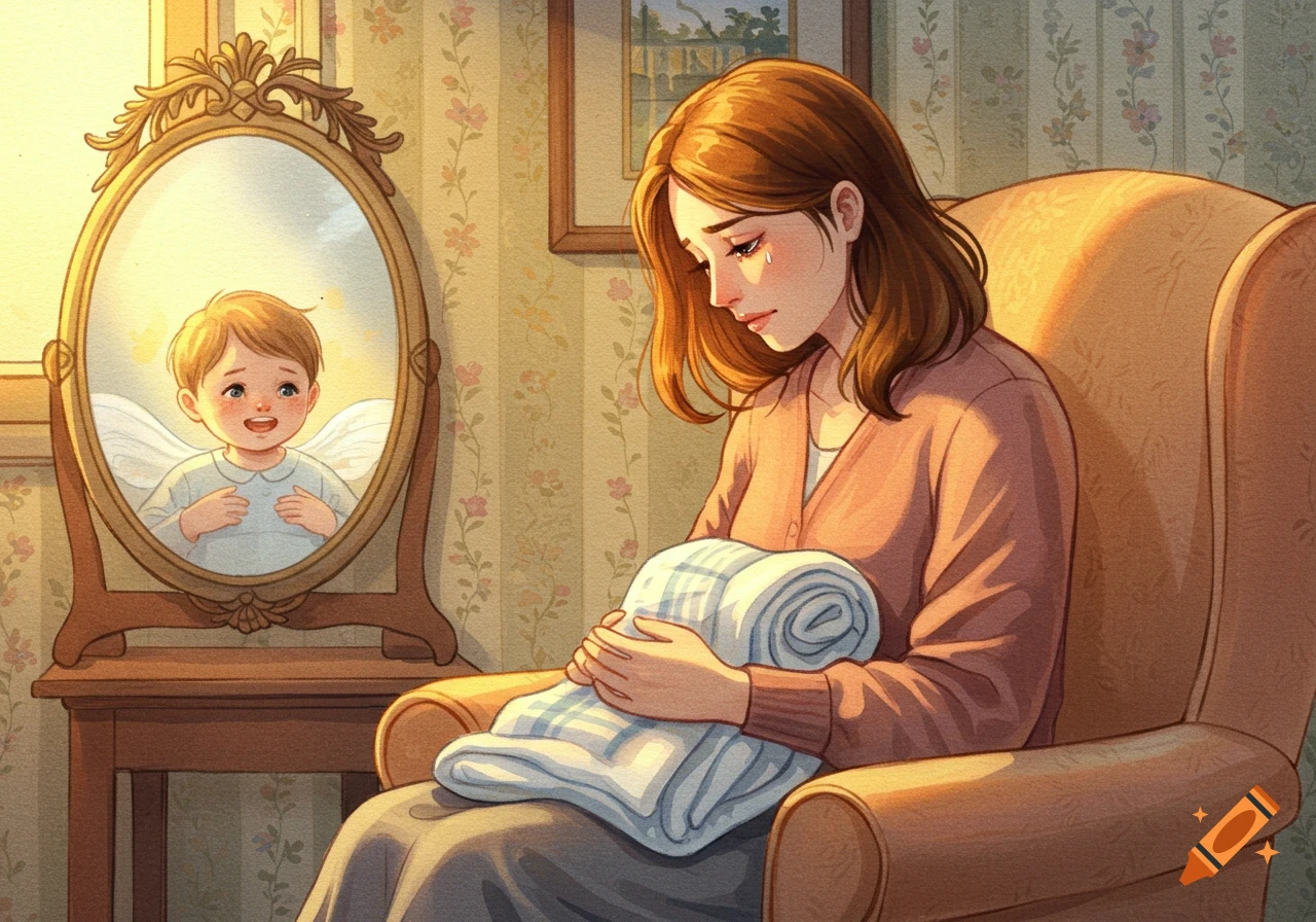 Watercolor illustration of a sad mother crying and holding a blanket, looking at a mirror reflecting a smiling angelic baby.