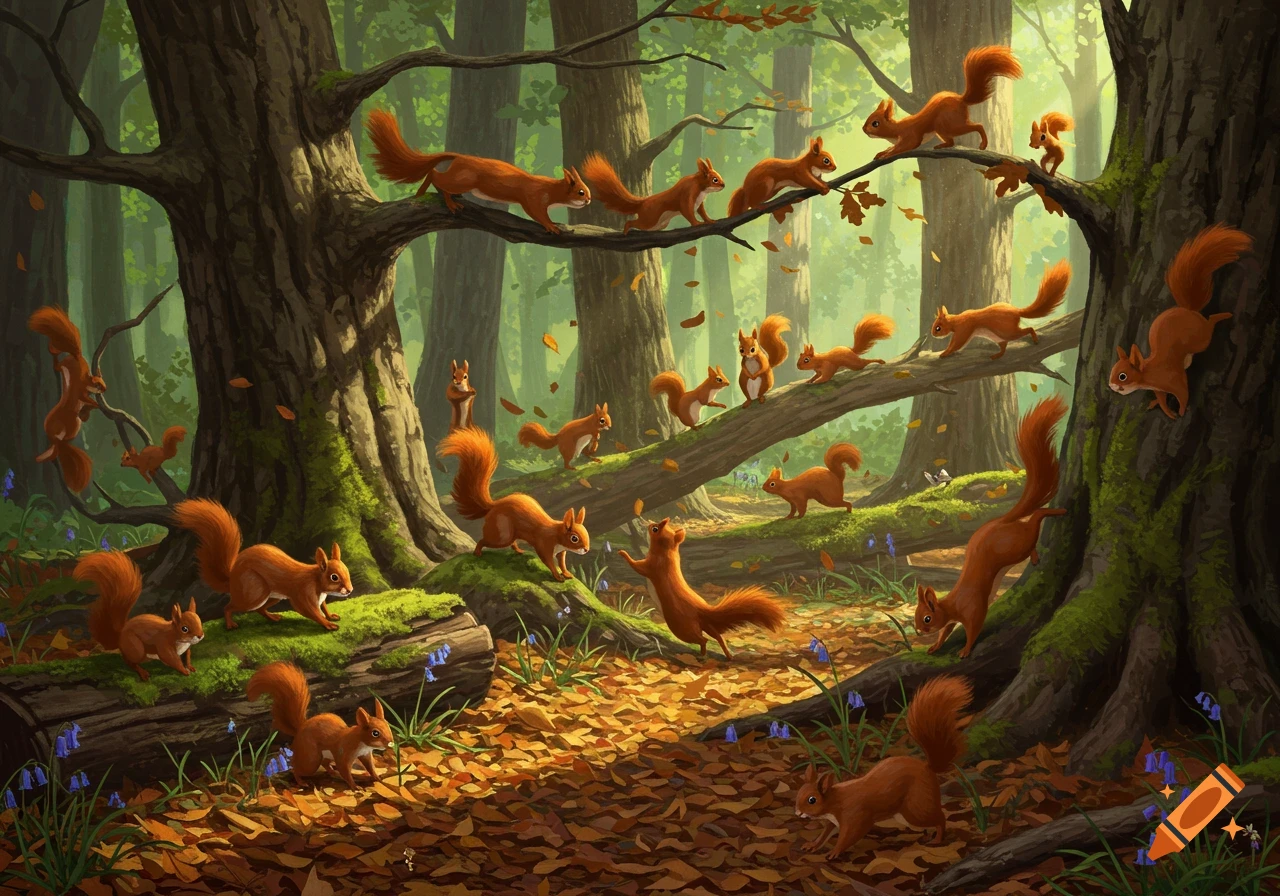 Numerous red squirrels scamper and play among trees and fallen leaves in a sunlit forest, with bluebells on the ground.