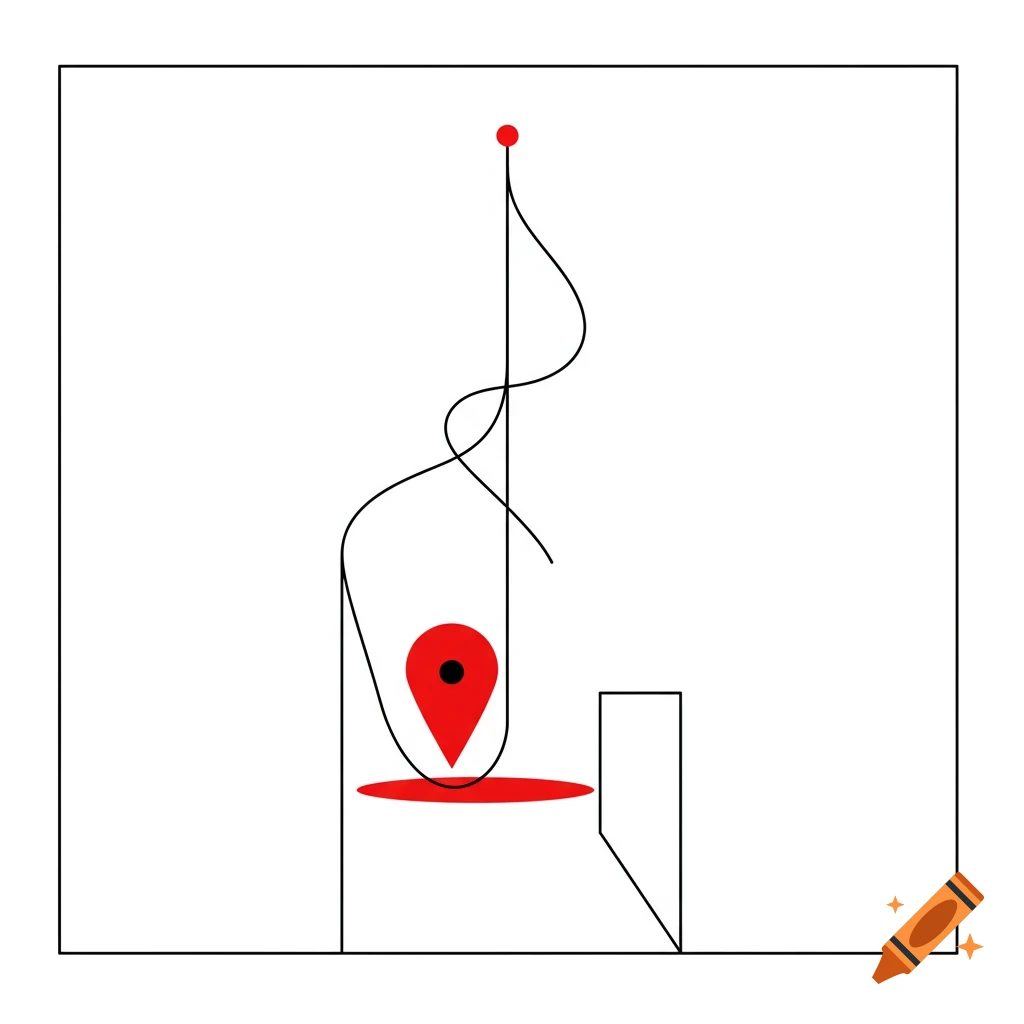 Minimalistic line art on a white background with a red GPS marker at the bottom and a black wavy line extending upwards.
