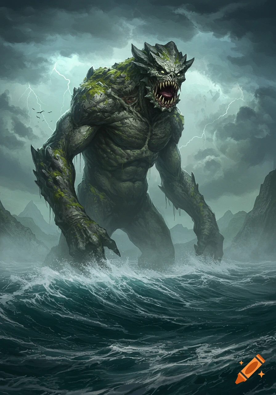 A colossal green, rocky monster with glowing eyes and sharp teeth emerges from a stormy ocean with lightning.