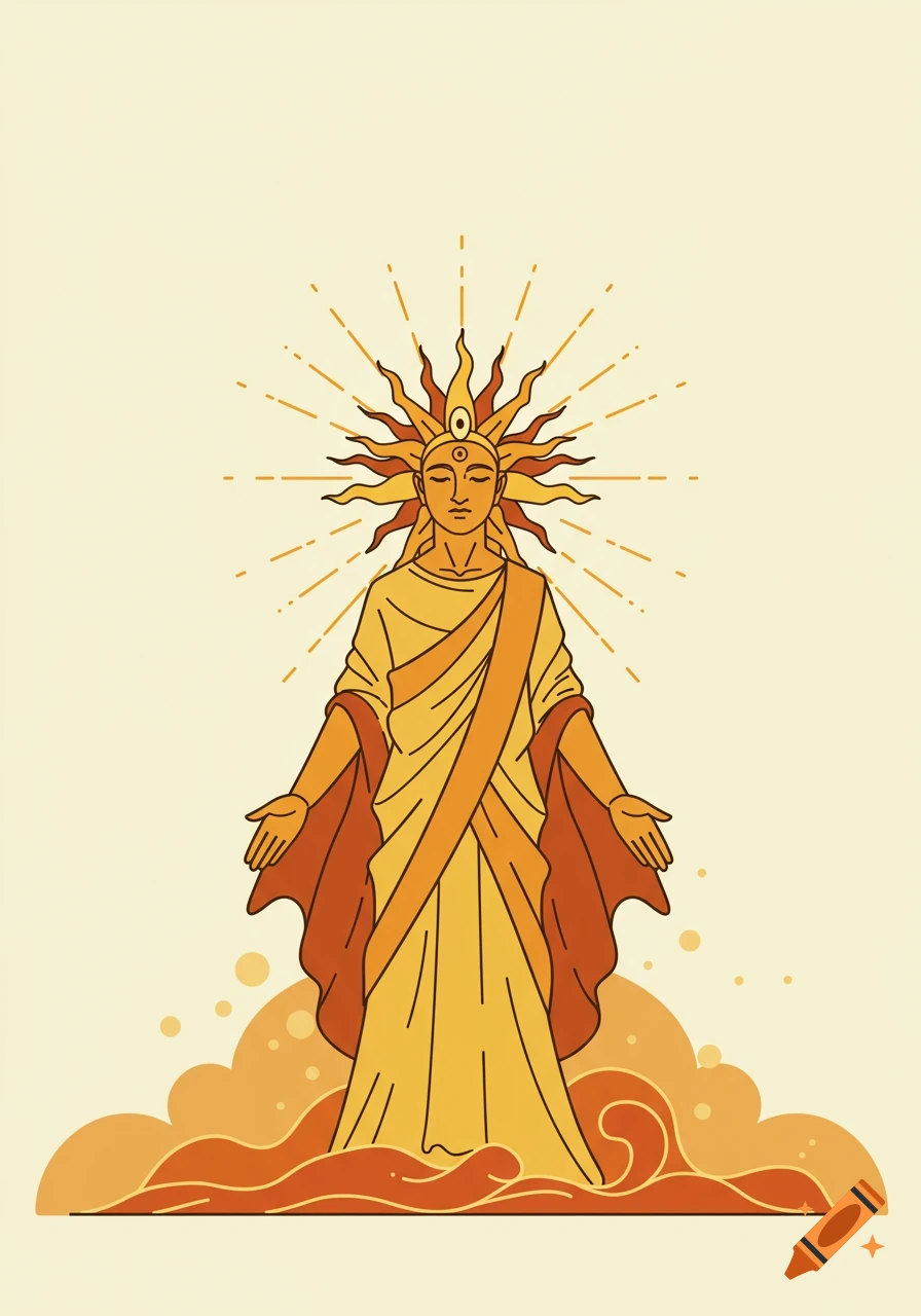 Stylized illustration of a golden sun god with a radiating headdress and outstretched arms, standing on orange clouds.