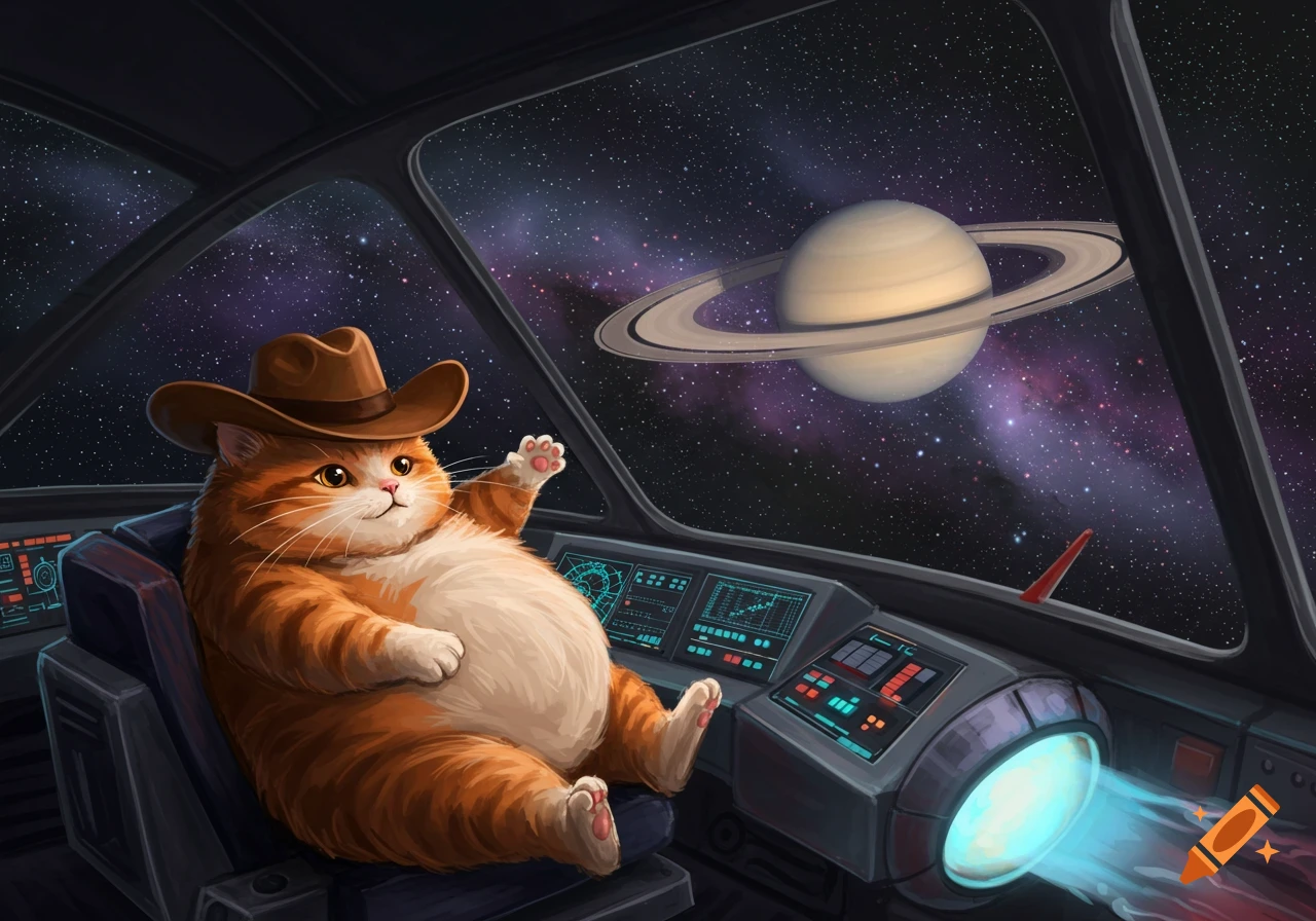 A chubby orange and white cat wearing a brown cowboy hat in a spaceship cockpit, waving at Saturn and stars outside the window.