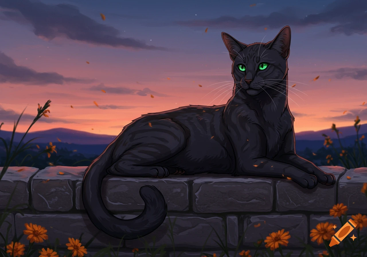 A dark gray tabby cat with bright green eyes lies on a stone wall ...