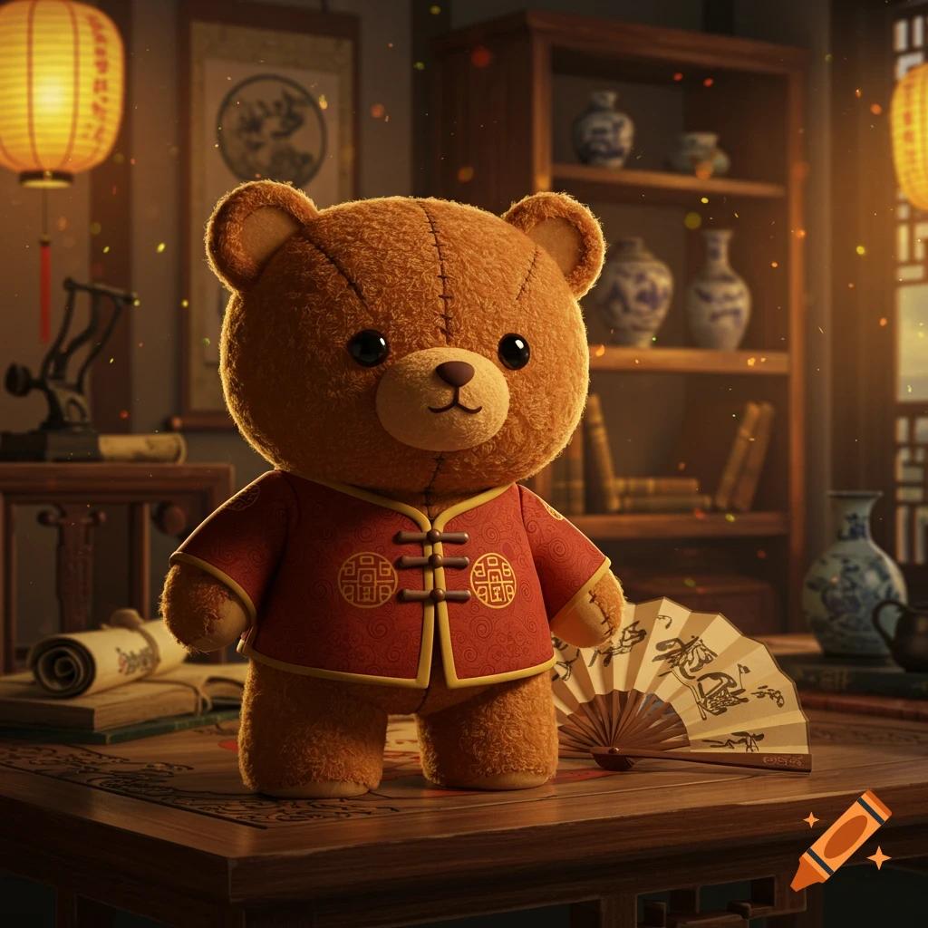 A fluffy brown teddy bear wearing a red traditional Chinese jacket stands on a wooden table next to an open fan in a warmly lit room with lanterns and a bookshelf.