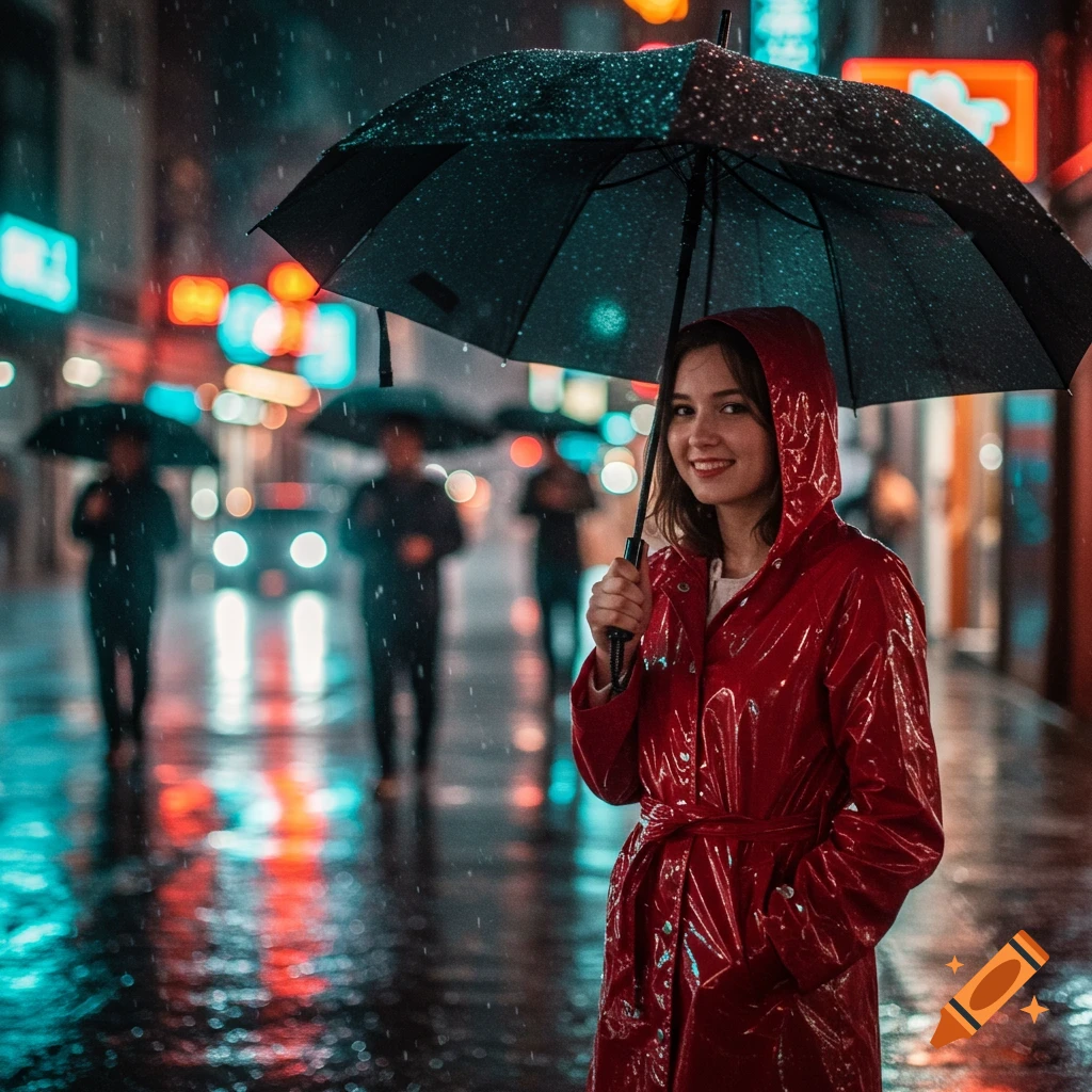 A young woman in a red raincoat smiles while holding an umbrella on a rainy city street at night with neon lights reflecting.
