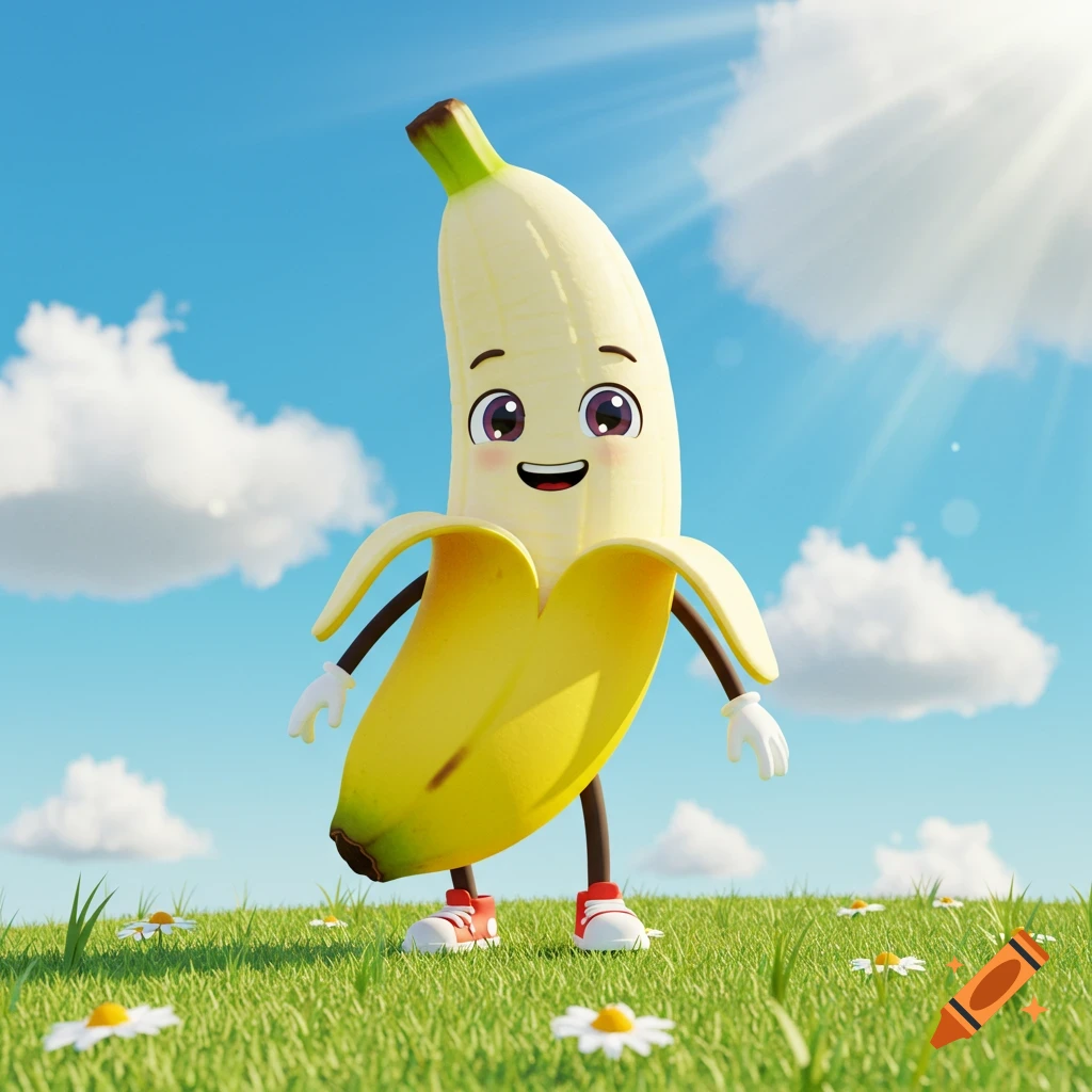 A cute, smiling cartoon banana character with peeled skin, arms, legs, and red shoes stands in a sunny green field with daisies under a blue sky.