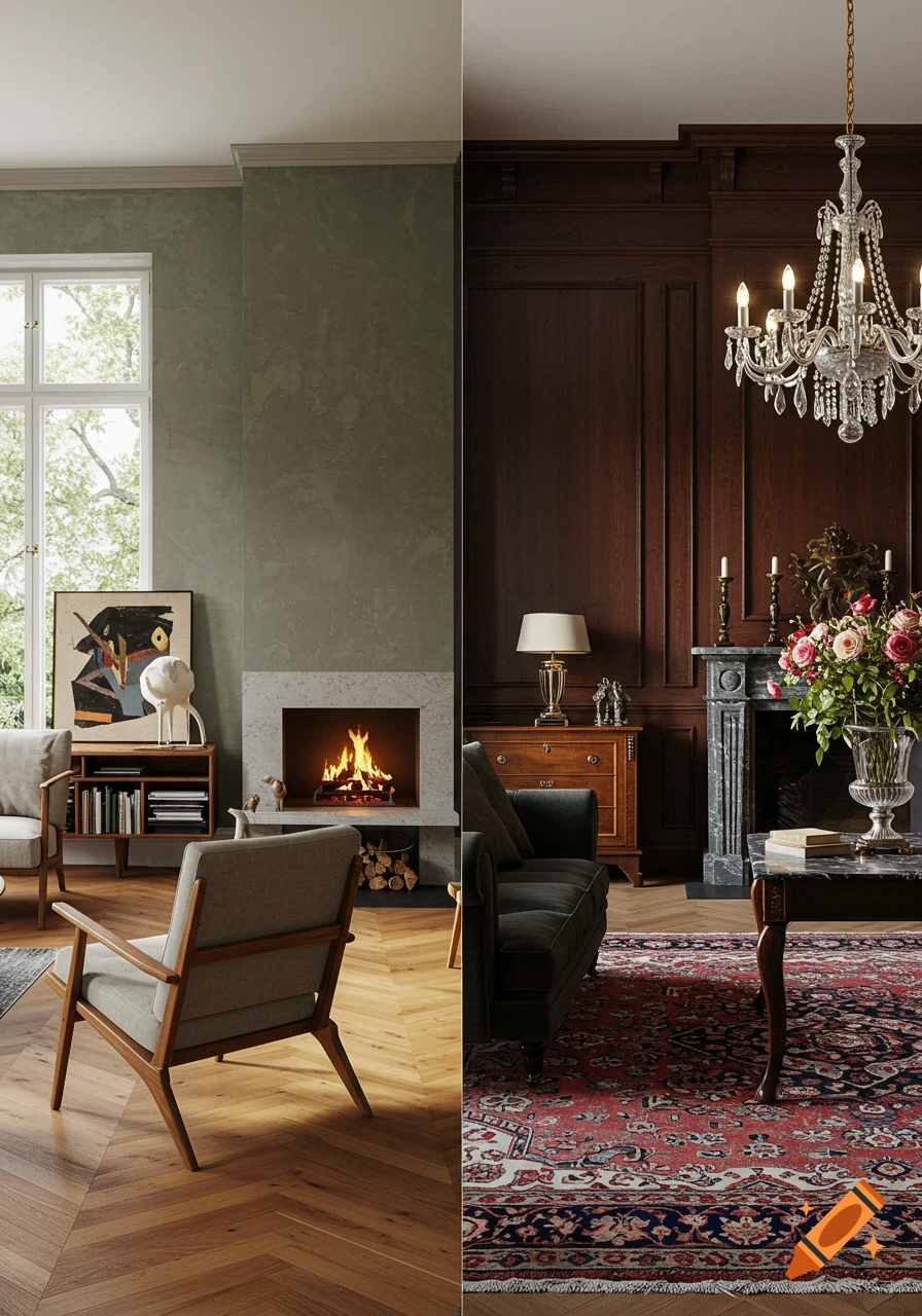 Two distinct living rooms side-by-side; one modern with a fireplace, the other classic with dark wood panels and a chandelier.