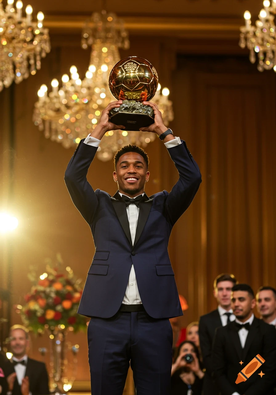 A smiling man in a suit lifts a golden soccer trophy above his head at an awards ceremony, with chandeliers in the background.