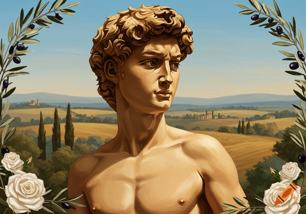 Classical statue of David bust framed by olive branches and roses, set against a Tuscan landscape.