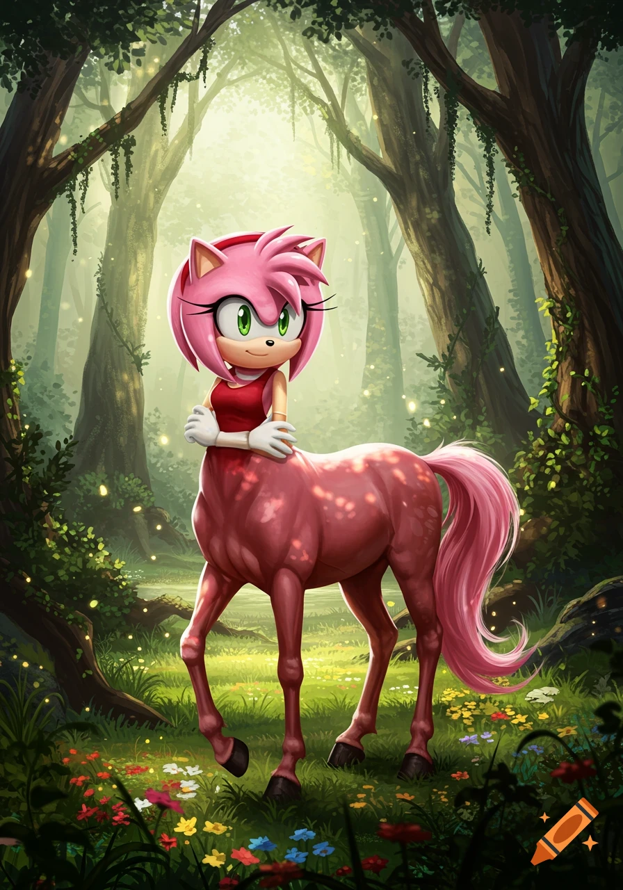 Amy Rose as a pink centaur stands in a magical forest with glowing light and wildflowers. Digital illustration.