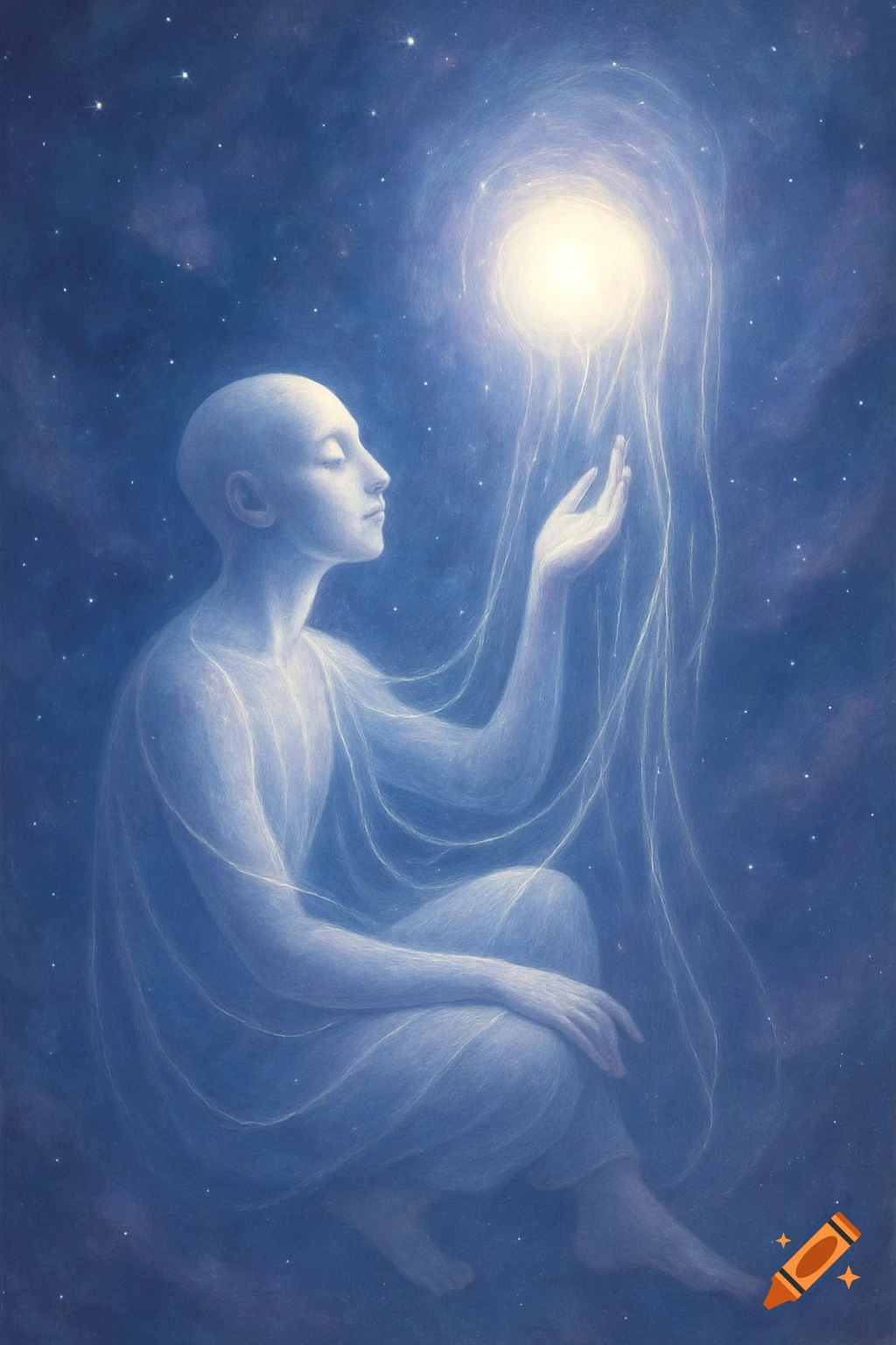 Ethereal bald figure in blue reaching for a glowing orb in a cosmic, starry sky, conveying spiritual serenity.