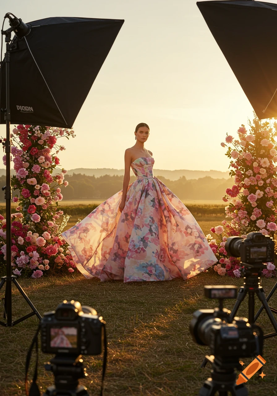 A woman in a floral ball gown poses for a photoshoot at sunset, with cameras and lighting equipment in the foreground.