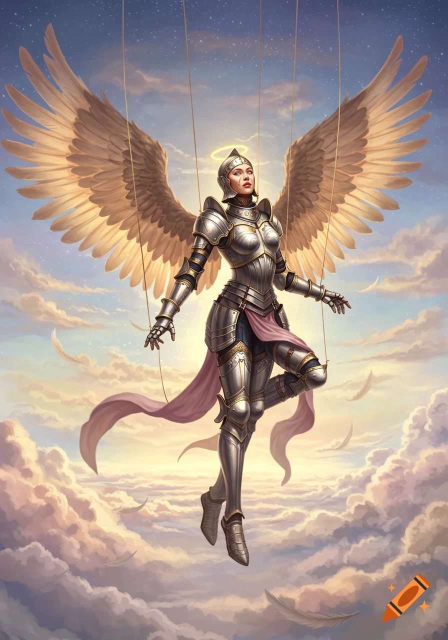 A female warrior angel marionette puppet in shining armor floats above clouds, suspended by strings, with large golden wings.