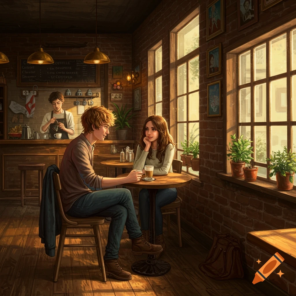 A young man and woman chat at a table in a cozy, sunlit coffee shop. A barista works in the background.