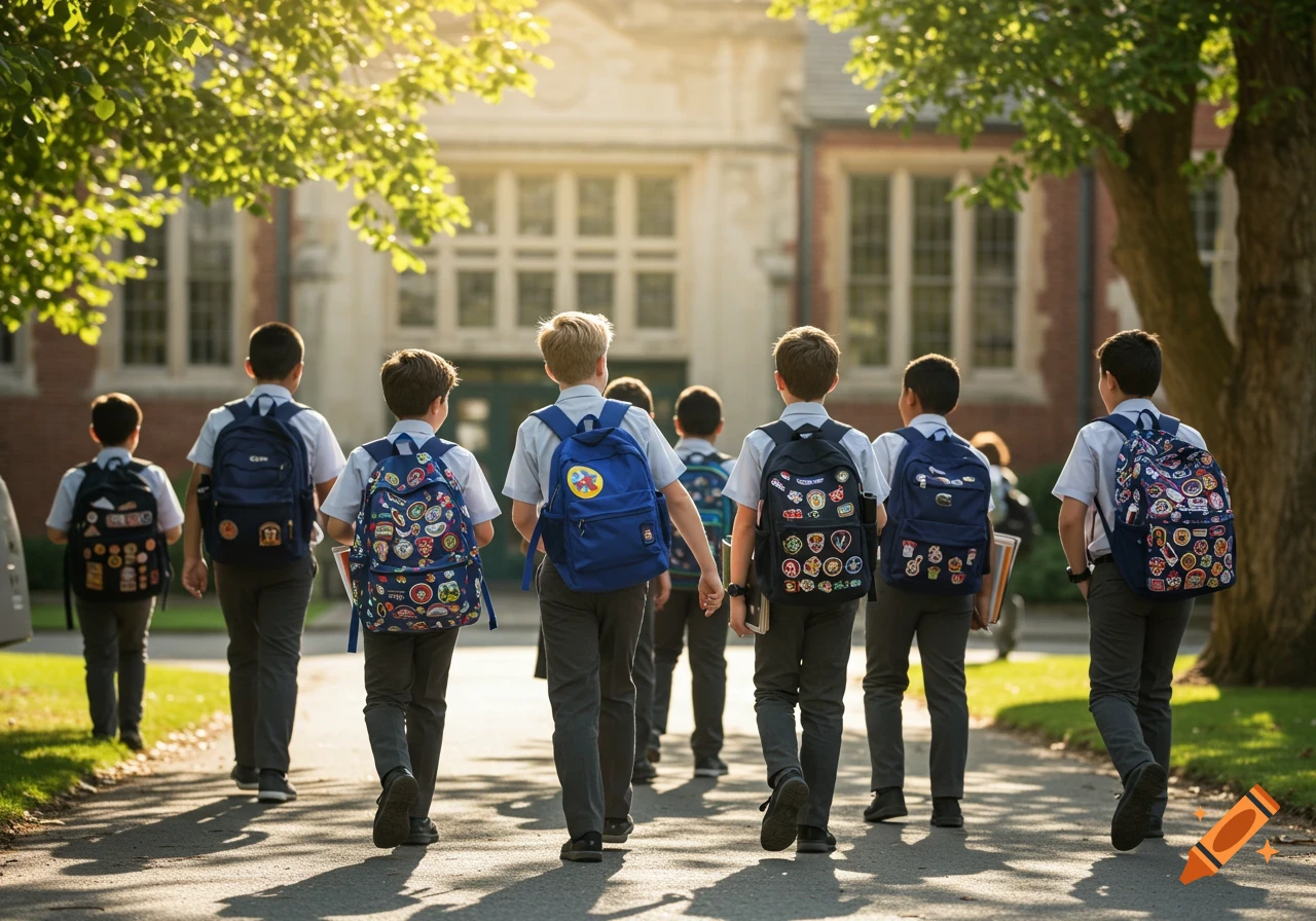 A group of elementary school boys with backpacks walk towards a sunlit school building on a paved path.