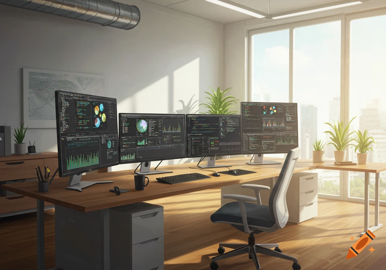 A modern, bright IT office workspace with multiple monitors displaying data and code, an ergonomic chair, and potted plants.