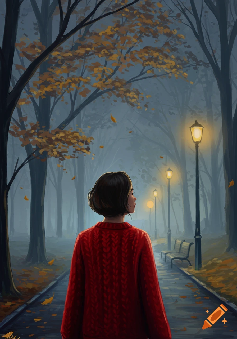 A woman in a red cable-knit sweater walks away on a path through a foggy autumn park with yellow-leaved trees and illuminated streetlights, illustration.