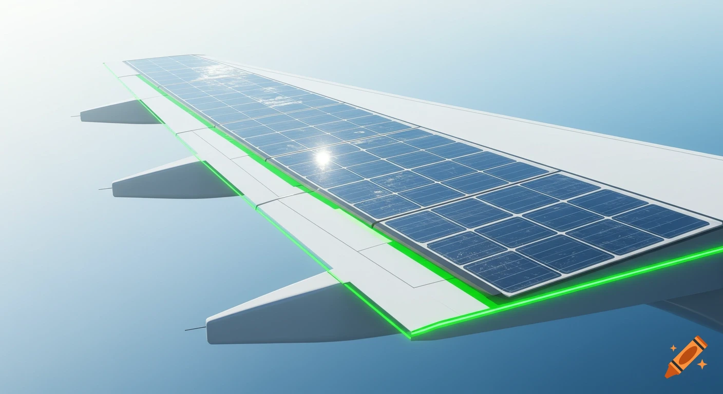 Airplane wing covered in futuristic solar panels, accented with bright green lines, reflecting sunlight against a blue sky.