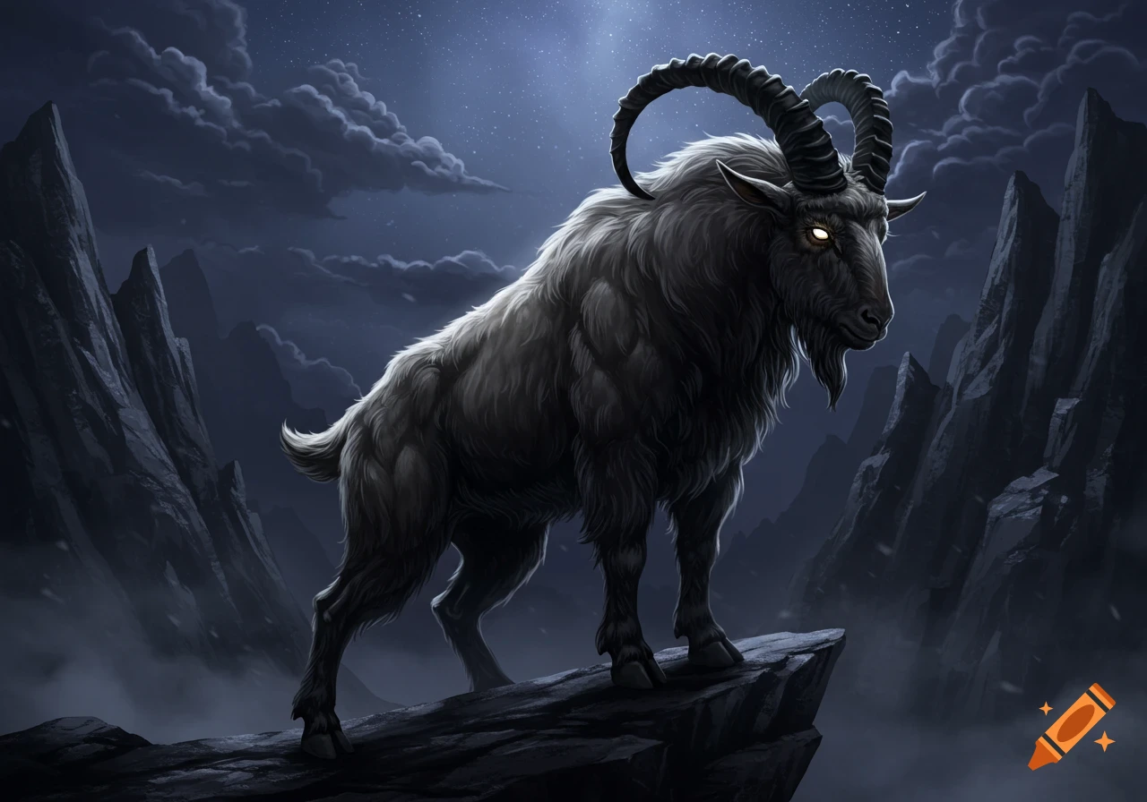 A powerfully built, dark goat-like creature with large horns and glowing eyes stands on a mountain peak at night, under a cloudy sky.