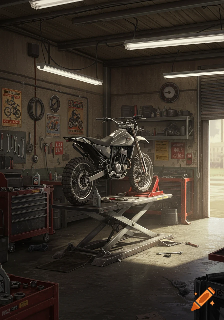 Photorealistic motorcycle on a repair lift in a detailed, cluttered mechanic's garage with tools and posters.